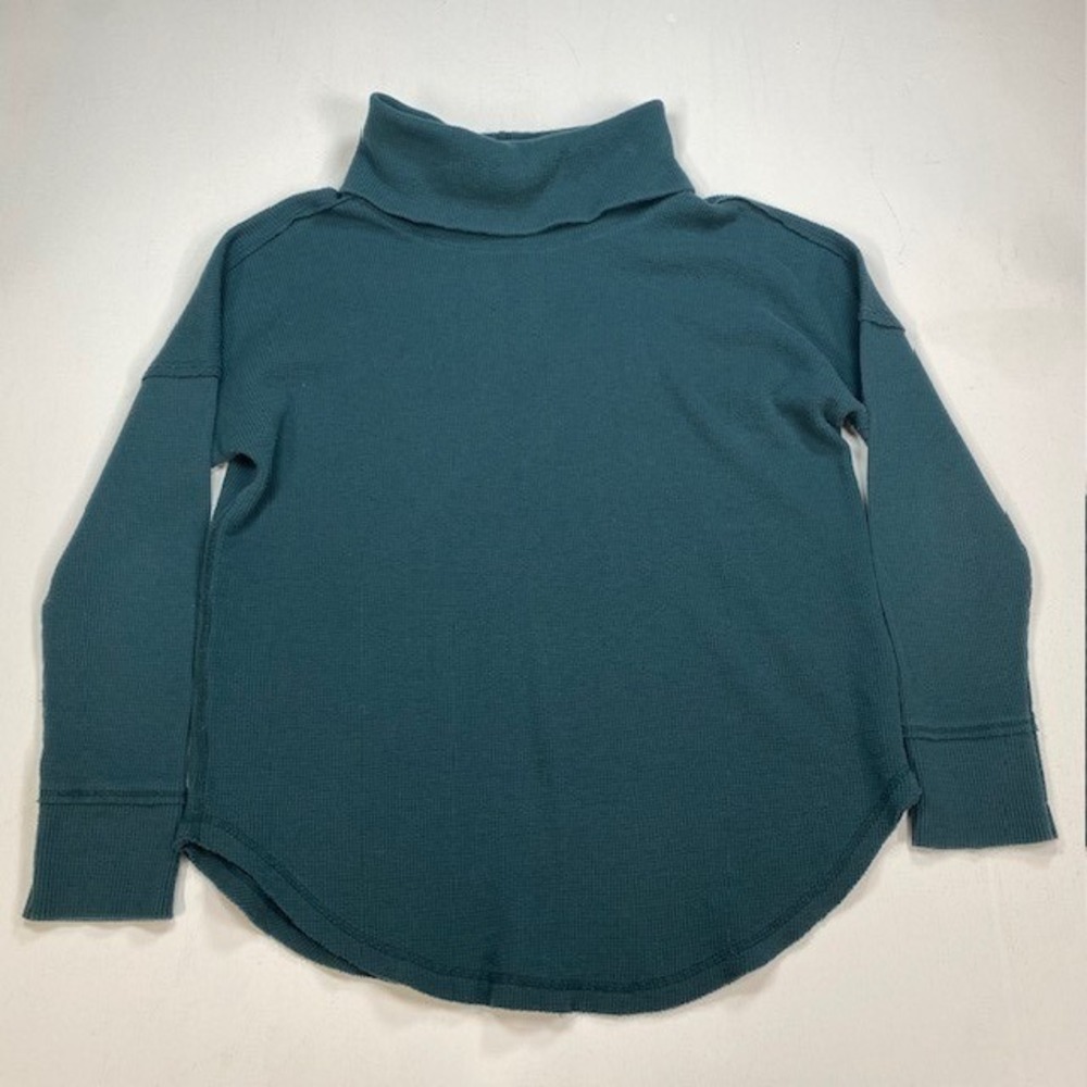 Maeve Anthropologie Teal Waffle Knit Turtleneck Top Large Curved Hem Long Sleeve